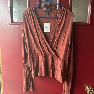 Forever 21 Terracotta Long Sleeve Faux Wrap Blouse